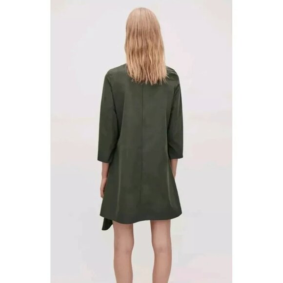 COS Army Green Asymmetrical Hem Gathered Circle A-Line Dress, Size 6 - Picture 3 of 7